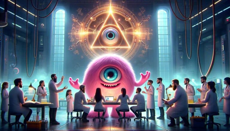 קבוצה של דמויות מונפשות במעילי מעבדה המקיפות מפלצת סגולה גדולה, חייכנית, בעלת עין אחת, בסביבת מעבדה הייטק.