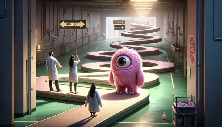 נערה צעירה נתקלת ביצור ורוד גדול, בעל עין אחת, צמרמורת במסדרון בית חולים עתידני, בעוד שתי דמויות בוגרות צועדות קדימה.