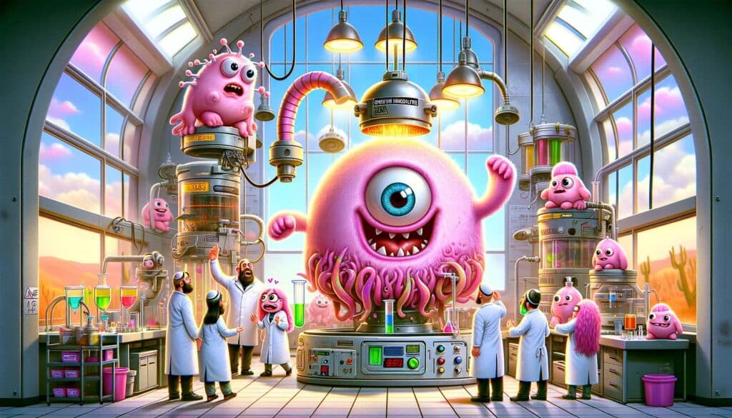 איור תוסס של מעבדה מלאת דמיון עם מדעני קריקטורה שעובדים על יצורים מוזרים, בעלי עין אחת ורודים.